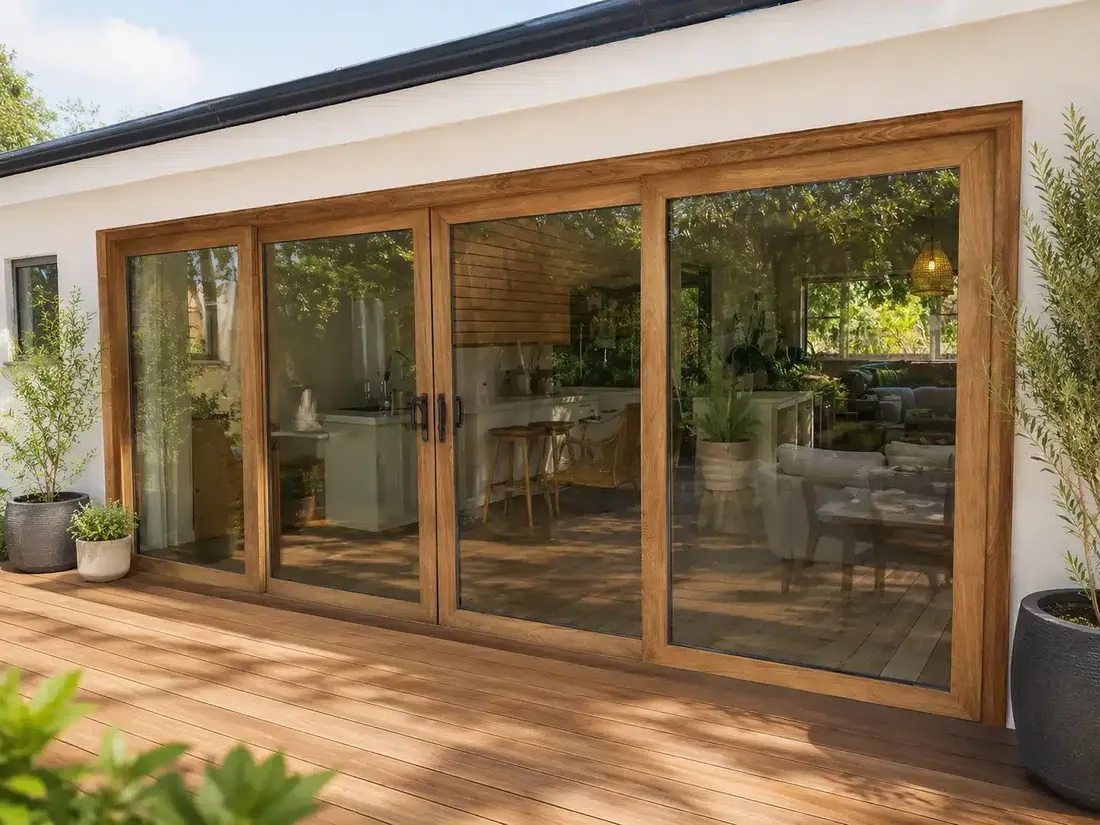 Wide timber-framed sliding doors on a white rendered home opening onto a sunny timber deck